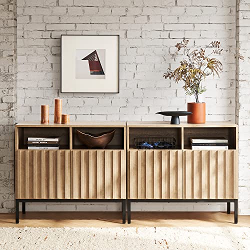 mopio Norwin Storage Cabinet, Modern Industrial Farmhouse Entryway Accent Buffet Cabinet, Sideboard, with Metal Legs, Storage Shelves, Fluted Panel Doors, & Leveler, for Living Room, Bedroom, Oak