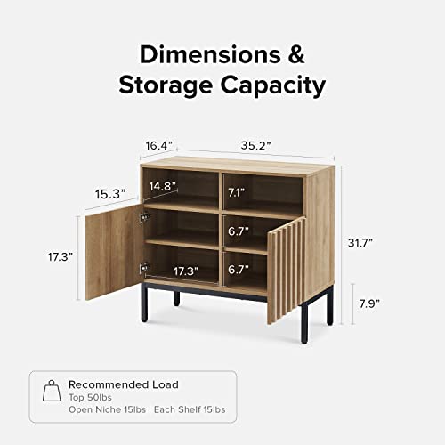 mopio Norwin Storage Cabinet, Modern Industrial Farmhouse Entryway Accent Buffet Cabinet, Sideboard, with Metal Legs, Storage Shelves, Fluted Panel Doors, & Leveler, for Living Room, Bedroom, Oak