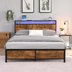 cnanxu modern industrial queen bed frame with led lights and 2 usb ports, queen size platform bed frame with wood storage headboard, noise free, no box spring needed, rustic brown (queen)
