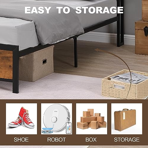 CNANXU Modern Industrial Queen Bed Frame with LED Lights and 2 USB Ports, Queen Size Platform Bed Frame with Wood Storage Headboard, Noise Free, No Box Spring Needed, Rustic Brown (Queen)