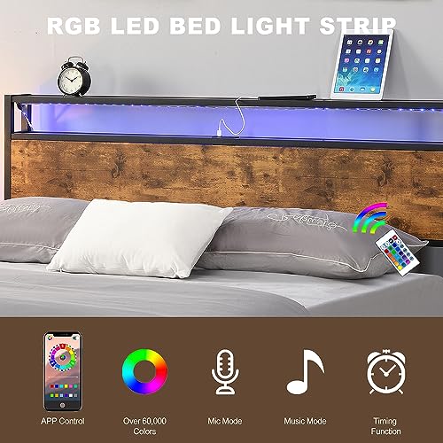 CNANXU Modern Industrial Queen Bed Frame with LED Lights and 2 USB Ports, Queen Size Platform Bed Frame with Wood Storage Headboard, Noise Free, No Box Spring Needed, Rustic Brown (Queen)