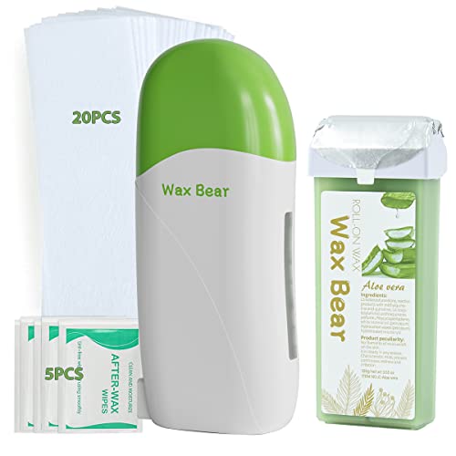 Roll on Wax Kit, Wax Bear Wax Roller Kit for Hair Removal, Roller Waxing Kit with Aloe Wax Cartridge, 20 Wax Strips, 5 After-Wax Wipes, Depilatory Wax Roller Waxing Kit for Women and Men (Green)