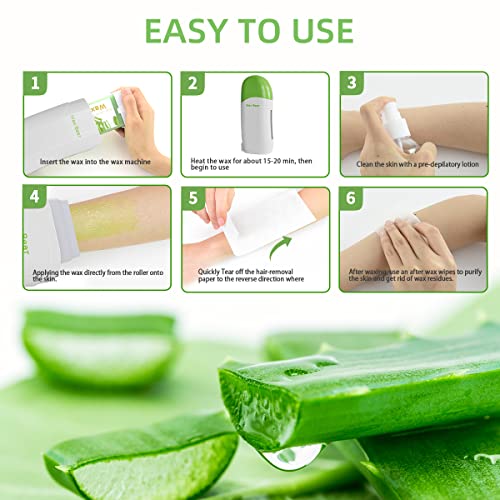 Roll on Wax Kit, Wax Bear Wax Roller Kit for Hair Removal, Roller Waxing Kit with Aloe Wax Cartridge, 20 Wax Strips, 5 After-Wax Wipes, Depilatory Wax Roller Waxing Kit for Women and Men (Green)