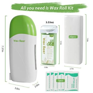 Roll on Wax Kit, Wax Bear Wax Roller Kit for Hair Removal, Roller Waxing Kit with Aloe Wax Cartridge, 20 Wax Strips, 5 After-Wax Wipes, Depilatory Wax Roller Waxing Kit for Women and Men (Green)