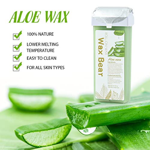 Roll on Wax Kit, Wax Bear Wax Roller Kit for Hair Removal, Roller Waxing Kit with Aloe Wax Cartridge, 20 Wax Strips, 5 After-Wax Wipes, Depilatory Wax Roller Waxing Kit for Women and Men (Green)