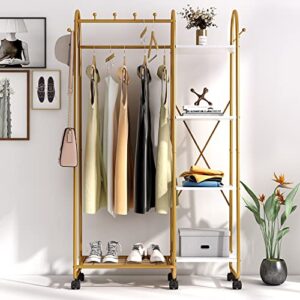 semoic gold, 4 tier rolling clothes racks for hanging clothes, double rod garment rack, sturdy closet for bedroom living room entryway