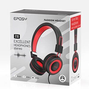 Eposy Kids Headphones, E10 Wired Headphones for Kids Foldable Stereo Bass Headphones with Adjustable Headband, Tangle-Free 3.5 mm Jack for School, On-Ear Headset for Boys Girls Cellphones(Black/Red)