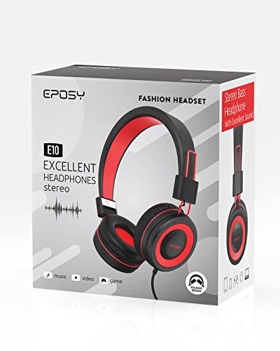 Eposy Kids Headphones, E10 Wired Headphones for Kids Foldable Stereo Bass Headphones with Adjustable Headband, Tangle-Free 3.5 mm Jack for School, On-Ear Headset for Boys Girls Cellphones(Black/Red)