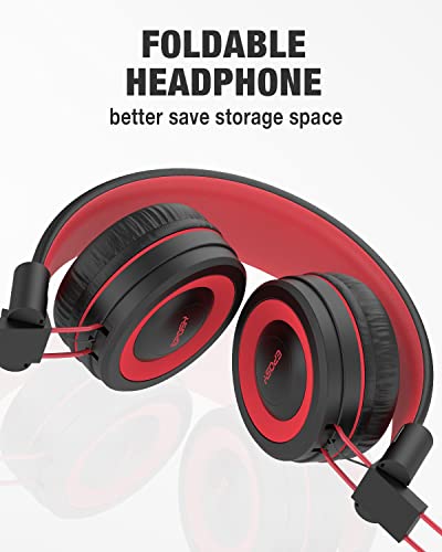 Eposy Kids Headphones, E10 Wired Headphones for Kids Foldable Stereo Bass Headphones with Adjustable Headband, Tangle-Free 3.5 mm Jack for School, On-Ear Headset for Boys Girls Cellphones(Black/Red)