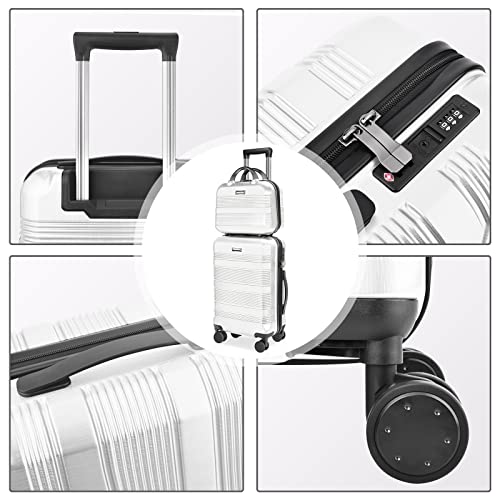 GigabitBest 20" Carry-On Luggage & 14" Cosmetic Bag, Lightweight ABS+PC Carrying Case with TSA Lock, Luggage Sets 2 Piece with Swivel Wheels (White, 20"/14" Carry-On)