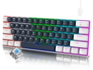 razeak portable 60 percent keyboard, compact 61 keys mini mechanical keyboard for pc/mac gamer switchable colorful backlit - blue switch - white+black