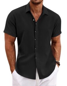 coofandy men's linen shirts short sleeve casual shirts button down shirt for men beach summer wedding shirt black