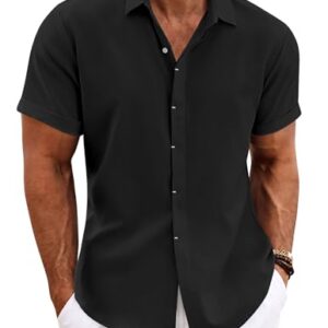 COOFANDY Men's Linen Shirts Short Sleeve Casual Shirts Button Down Shirt for Men Beach Summer Wedding Shirt Black