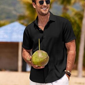 COOFANDY Men's Linen Shirts Short Sleeve Casual Shirts Button Down Shirt for Men Beach Summer Wedding Shirt Black