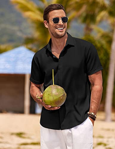 COOFANDY Men's Linen Shirts Short Sleeve Casual Shirts Button Down Shirt for Men Beach Summer Wedding Shirt Black