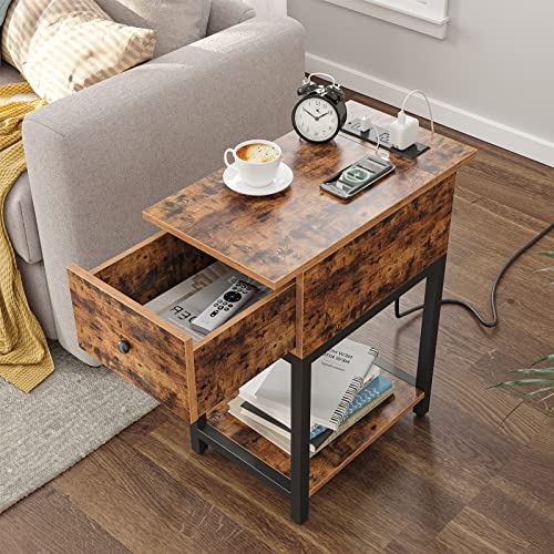 TUTOTAK End Table with Charging Station, Side Table with Drawer, Nightstand with USB Ports and Outlets, Bedside Table for Small Spaces, Sofa Table TB01BB050