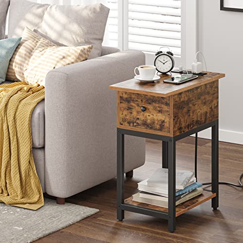 TUTOTAK End Table with Charging Station, Side Table with Drawer, Nightstand with USB Ports and Outlets, Bedside Table for Small Spaces, Sofa Table TB01BB050