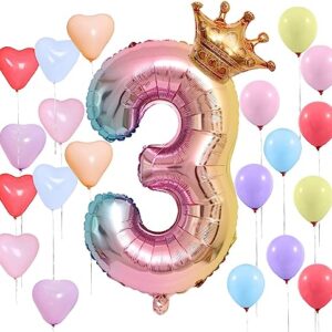 40-Inch Rainbow Gradient Number 3 Crown Balloons Set, 3rd Birthday Decorations, 3rd Birthday Balloons for 3th Anniversary decorations. (birthday balloon 3)