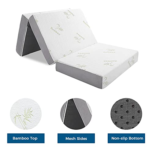 Inofia Folding Mattress, 4 Inch Memory Foam Trifold Mattress with Ultra Soft Bamboo Cover, Non-Slip Bottom & Breathable Mesh Sides, Foldable Guest Mattress, Single Size (75" x 25" x 4")