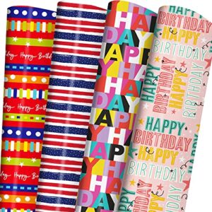 giolainy birthday wrapping paper for kids boys girls adults - gift wrapping paper with bright "happy birthday" words, blue stripes and star design - 8 sheets (20*29 inch per sheet), recyclable, easy to store, not rolled