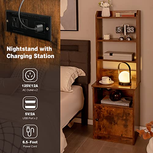 Giantex Nightstand with Charging Station - 55" Tall Bedside Table with 6-Level Adjustable Shelves, Multifunctional End Table & Bookshelf, Modern Storage Cabinet for Bedroom (Rustic Brown)