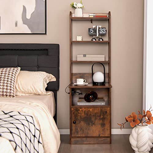 Giantex Nightstand with Charging Station - 55" Tall Bedside Table with 6-Level Adjustable Shelves, Multifunctional End Table & Bookshelf, Modern Storage Cabinet for Bedroom (Rustic Brown)