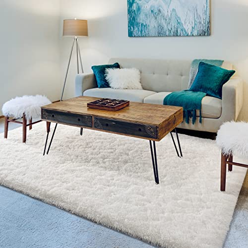 HOMORE Luxury Fluffy Area Rug Modern Shag Rugs for Bedroom Living Room, Super Soft and Comfy Carpet, Cute Carpets for Kids Nursery Girls Home, 5x7 Feet Cream White