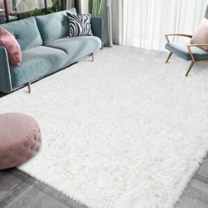 homore luxury fluffy area rug modern shag rugs for bedroom living room, super soft and comfy carpet, cute carpets for kids nursery girls home, 5x7 feet cream white