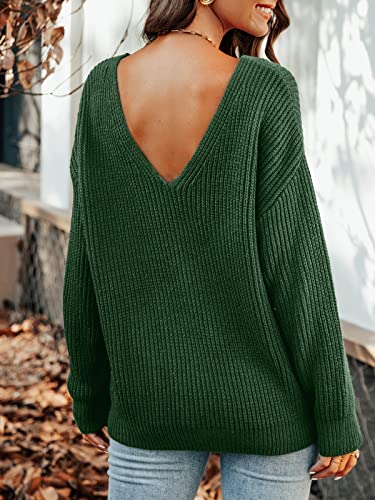 CUPSHE Women's Casual V Neck Sweater Fall Knit Oversize Fitted Pullover with Long Sleeves, Green S