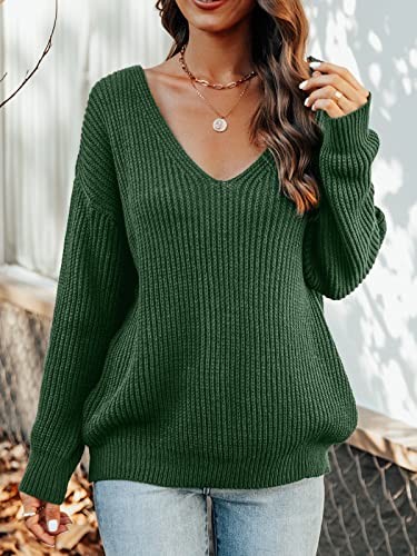 CUPSHE Women's Casual V Neck Sweater Fall Knit Oversize Fitted Pullover with Long Sleeves, Green S