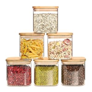 27oz glass food storage jars with bamboo lids, clear square airtight kitchen storage container sets, stackable glass pantry food canisters for kitchen counter, candy, cookie, rice, cereal(set of 6)