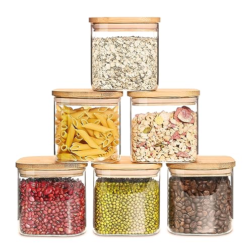 27oz Glass Food Storage Jars with Bamboo Lids, Clear Square Airtight Kitchen Storage Container Sets, Stackable Glass Pantry Food Canisters for kitchen Counter, Candy, Cookie, Rice, Cereal(Set of 6)