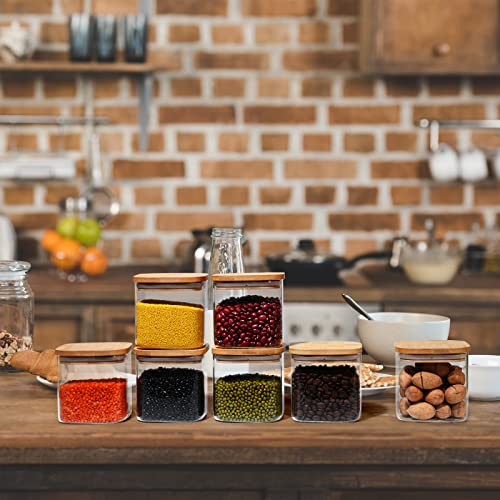 27oz Glass Food Storage Jars with Bamboo Lids, Clear Square Airtight Kitchen Storage Container Sets, Stackable Glass Pantry Food Canisters for kitchen Counter, Candy, Cookie, Rice, Cereal(Set of 6)