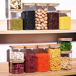 27oz Glass Food Storage Jars with Bamboo Lids, Clear Square Airtight Kitchen Storage Container Sets, Stackable Glass Pantry Food Canisters for kitchen Counter, Candy, Cookie, Rice, Cereal(Set of 6)