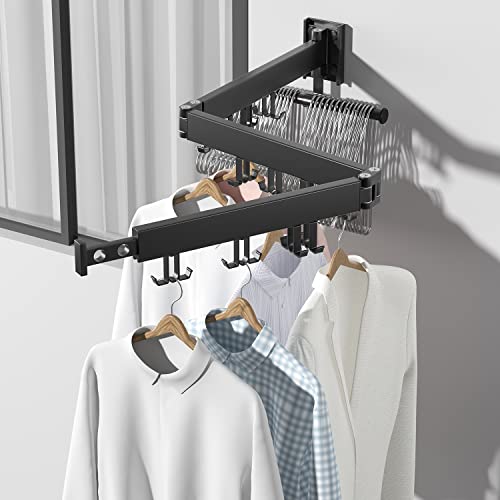 BONYCUST 3 Fold Retractable Clothes Drying Rack, Wall Mounted Clothes Hanger Collapsible with Storage Lever for Balcony, Bathroom, Patio,Laundry (Black)