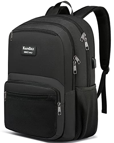 Kuosdaz Black Backpack for Women Men, 15.6 Inch College Laptop Bookbag with USB Charging Port, Water Resistant Anti Theft Business Work Bag, Computer Backpack Casual Daypack, Black