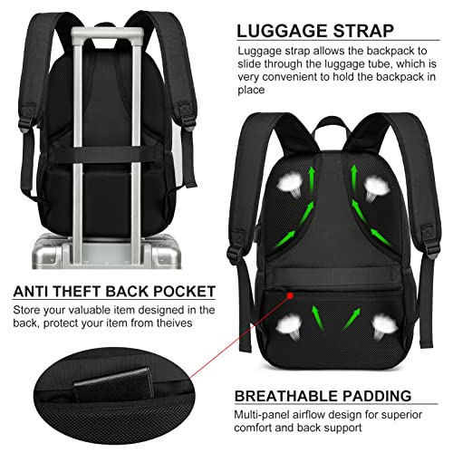 Kuosdaz Black Backpack for Women Men, 15.6 Inch College Laptop Bookbag with USB Charging Port, Water Resistant Anti Theft Business Work Bag, Computer Backpack Casual Daypack, Black