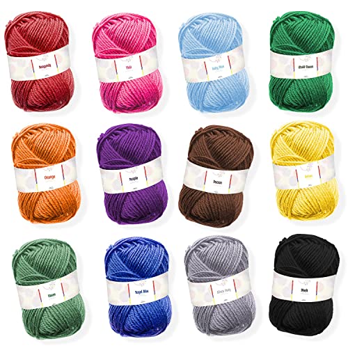 Acrylic Yarn Skeins 12 x 50g - 1200 Yards - Yarn for Crocheting - Soft Crochet Yarn for Knitting and Crafts - Multicolored Crochet Craft Yarn for Adults and Kids - 12 Pack