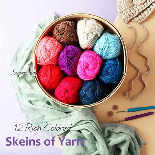 Acrylic Yarn Skeins 12 x 50g - 1200 Yards - Yarn for Crocheting - Soft Crochet Yarn for Knitting and Crafts - Multicolored Crochet Craft Yarn for Adults and Kids - 12 Pack