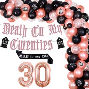 kreat4joy rip twenties 30th birthday party decorations for women, black and rose gold balloon garland death to my twenties banner rip to my 20s sash number 30 foil balloons for 30th birthday party