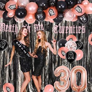 kreat4joy Rip Twenties 30th Birthday Party Decorations for Women, Black and Rose Gold Balloon Garland Death to My Twenties Banner Rip to My 20s Sash Number 30 Foil Balloons for 30th Birthday Party