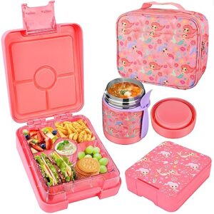 bento lunch box set with 10oz soup thermo, leak-proof lunch containers with 4 compartment, kids hot thermo food jar/insulation lunch bag, food containers for school（mermaid）