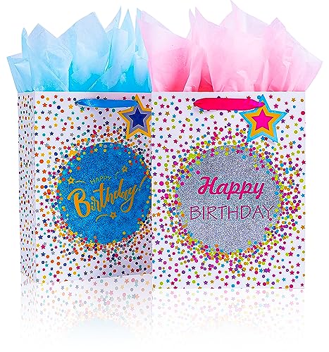 Elephant-package 2Pcs 12.6" Large Dots Birthday Gift Bags with Tissue Papers for Kids, Boys, Girls, Party Favor, Baby Shower