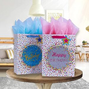 Elephant-package 2Pcs 12.6" Large Dots Birthday Gift Bags with Tissue Papers for Kids, Boys, Girls, Party Favor, Baby Shower