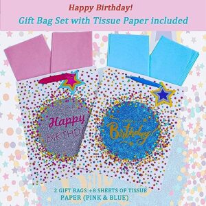 Elephant-package 2Pcs 12.6" Large Dots Birthday Gift Bags with Tissue Papers for Kids, Boys, Girls, Party Favor, Baby Shower