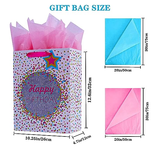 Elephant-package 2Pcs 12.6" Large Dots Birthday Gift Bags with Tissue Papers for Kids, Boys, Girls, Party Favor, Baby Shower