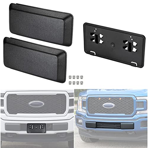 A & UTV PRO Front Bumper Guard Cover & License Plate Bracket Set for Ford F150 2018 2019 2020, License Frame Mounting Holder Bumper Inserts Cover Caps Accessories, Black