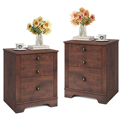 Set of 2 Nightstands End Tables with 2 Drawers, Wood Side Table Bedside Storage for Bedroom, Living Room, Walnut, 23 Inch Height