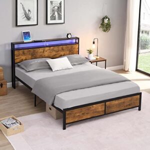 MWrouqfur Modern Industrial Queen Bed Frame with LED Lights and 2 USB Ports,Bed Frame Queen Size with Wood Storage Headboard and 12" Under Bed Storage,Noise Free,No Box Spring Needed (Queen)