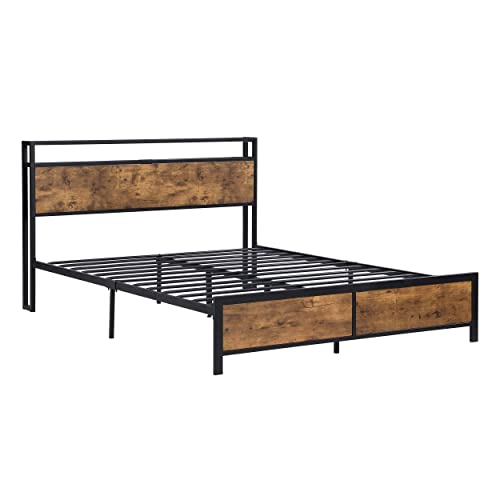 MWrouqfur Modern Industrial Queen Bed Frame with LED Lights and 2 USB Ports,Bed Frame Queen Size with Wood Storage Headboard and 12" Under Bed Storage,Noise Free,No Box Spring Needed (Queen)